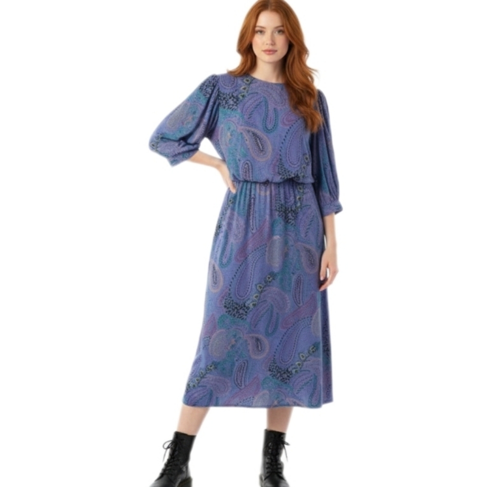 Vintage 80s Paisley Blue Midi Dress